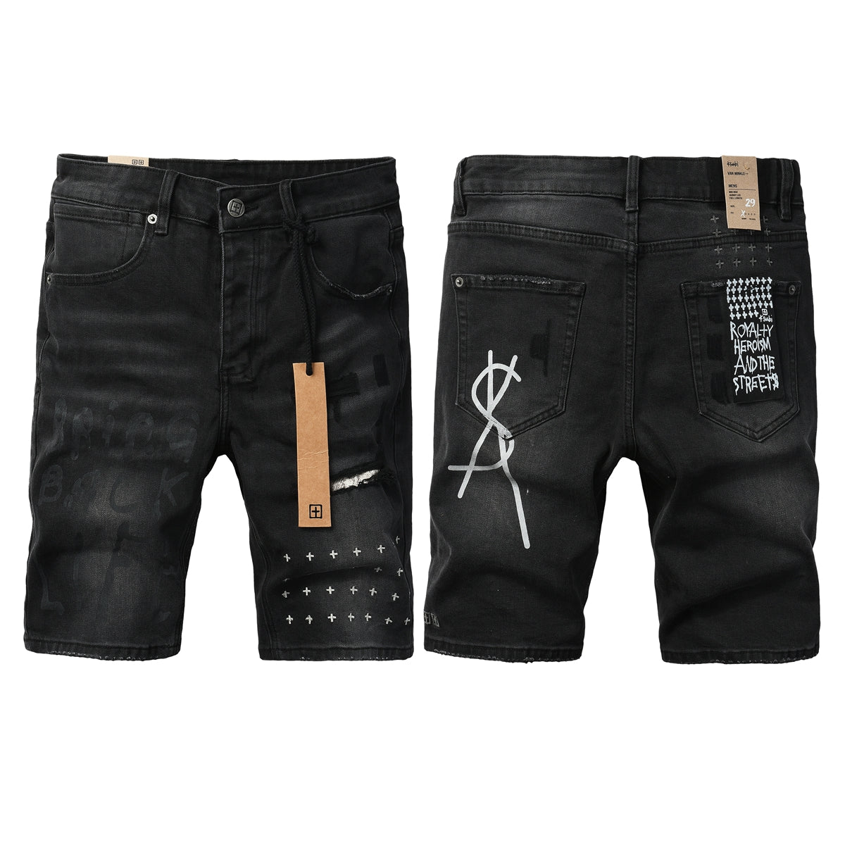 Pantalones cortos vaqueros negros lavados con estampado de grafiti, rodillas desgastadas y parche gráfico para hombre (2006) 