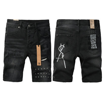 Pantalones cortos vaqueros negros lavados con estampado de grafiti, rodillas desgastadas y parche gráfico para hombre (2006) 