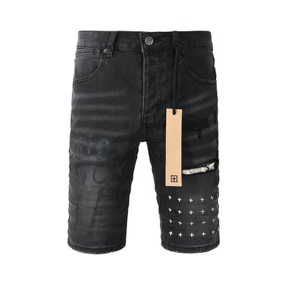 Pantalones cortos vaqueros negros lavados con estampado de grafiti, rodillas desgastadas y parche gráfico para hombre (2006) 