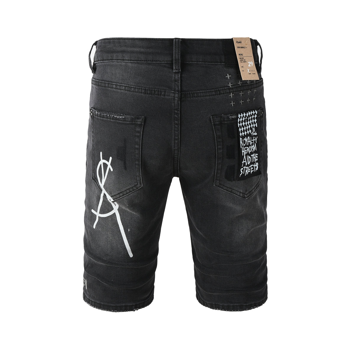 Pantalones cortos vaqueros negros lavados con estampado de grafiti, rodillas desgastadas y parche gráfico para hombre (2006) 
