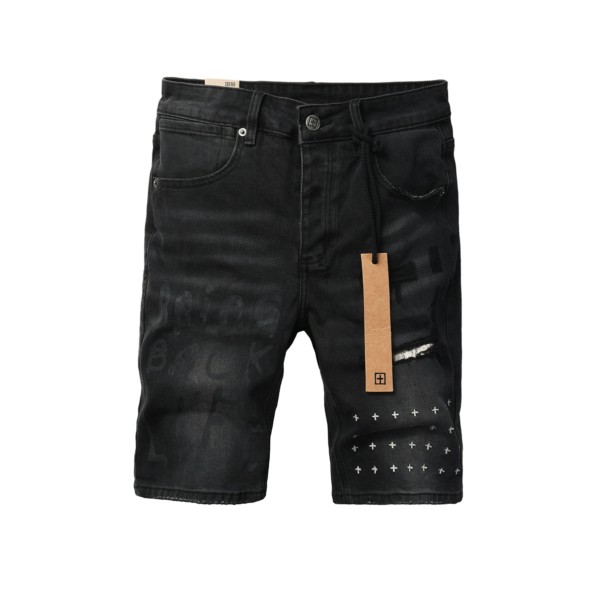Pantalones cortos vaqueros negros lavados con estampado de grafiti, rodillas desgastadas y parche gráfico para hombre (2006) 