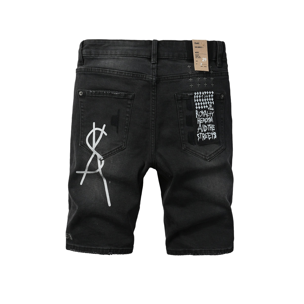Pantalones cortos vaqueros negros lavados con estampado de grafiti, rodillas desgastadas y parche gráfico para hombre (2006) 