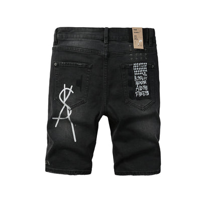 Pantalones cortos vaqueros negros lavados con estampado de grafiti, rodillas desgastadas y parche gráfico para hombre (2006) 