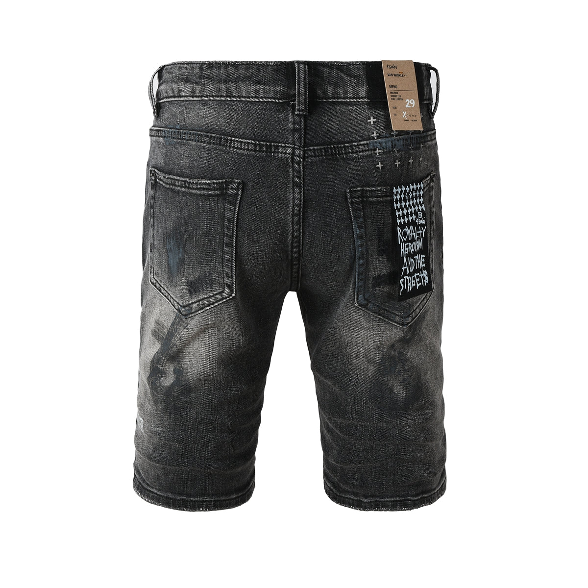 Pantalones cortos vaqueros para hombre, estilo urbano, en negro oscuro lavado con detalles desgastados y efecto pintura, y parche gráfico (2007) 