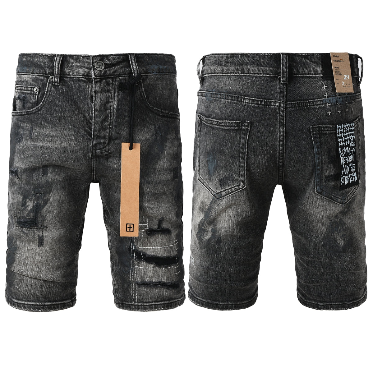 Pantalones cortos vaqueros para hombre, estilo urbano, en negro oscuro lavado con detalles desgastados y efecto pintura, y parche gráfico (2007) 