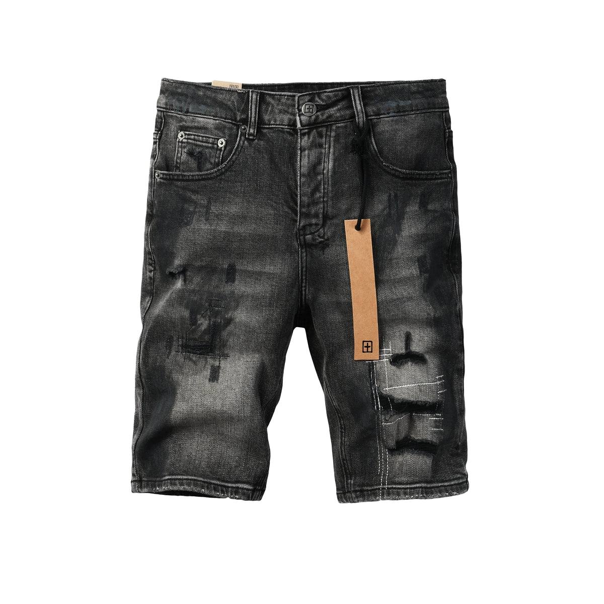 Pantalones cortos vaqueros para hombre, estilo urbano, en negro oscuro lavado con detalles desgastados y efecto pintura, y parche gráfico (2007) 