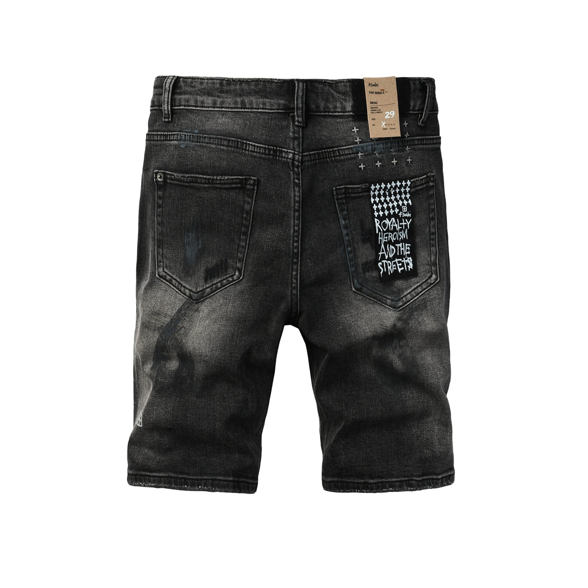 Pantalones cortos vaqueros para hombre, estilo urbano, en negro oscuro lavado con detalles desgastados y efecto pintura, y parche gráfico (2007) 