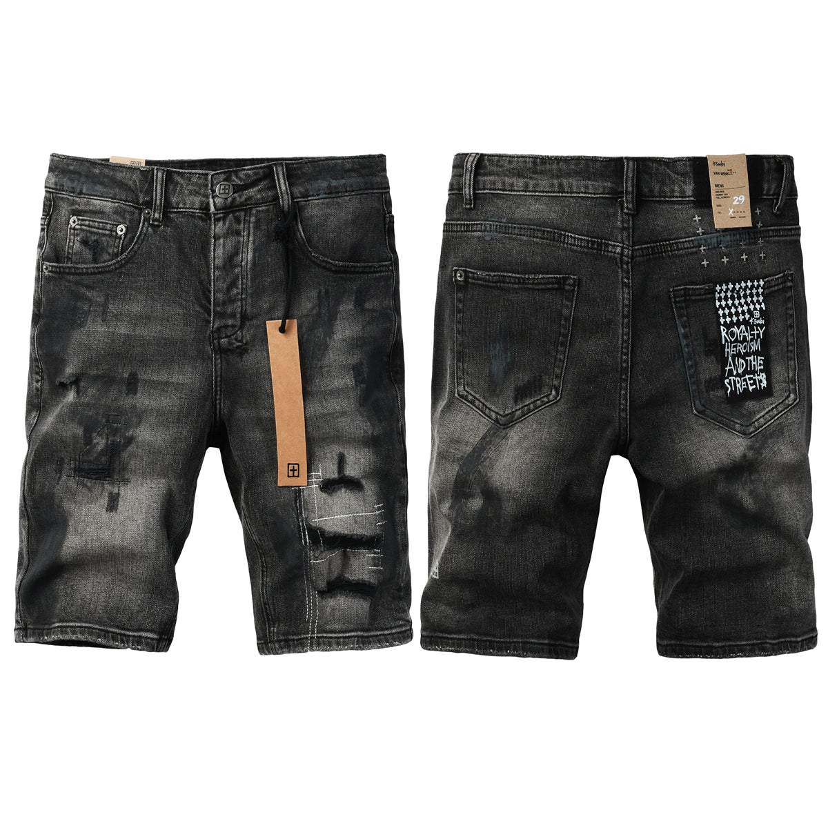 Pantalones cortos vaqueros para hombre, estilo urbano, en negro oscuro lavado con detalles desgastados y efecto pintura, y parche gráfico (2007) 