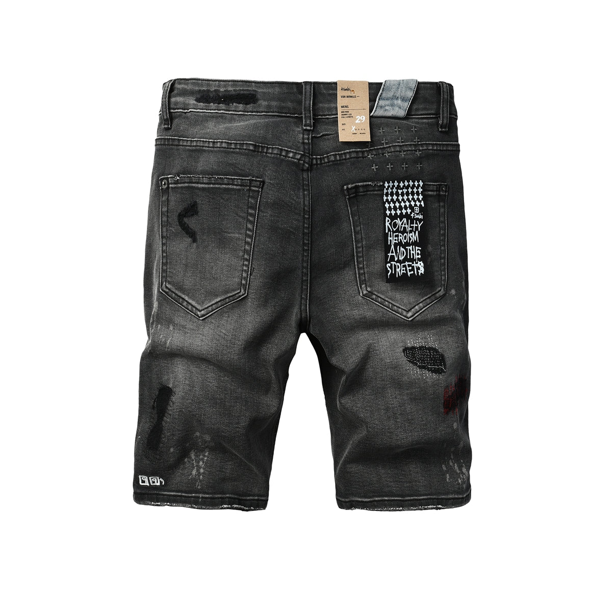 Shorts vaqueros desgastados negros lavados para hombre con parches de grafiti y detalles de estilo urbano (2009) 