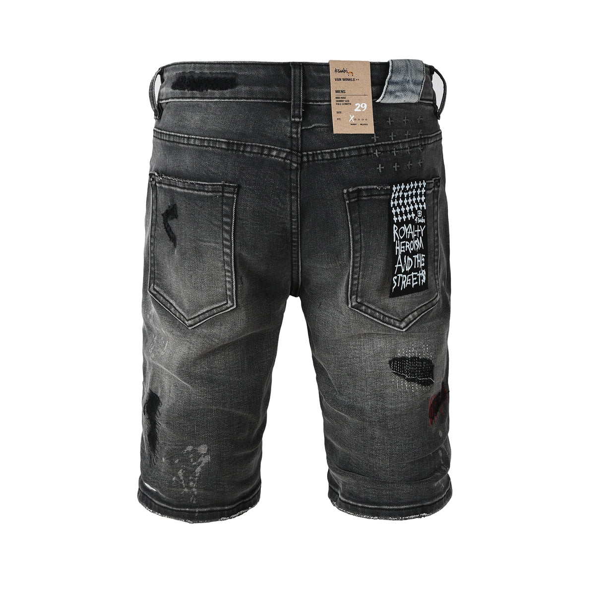 Shorts vaqueros desgastados negros lavados para hombre con parches de grafiti y detalles de estilo urbano (2009) 