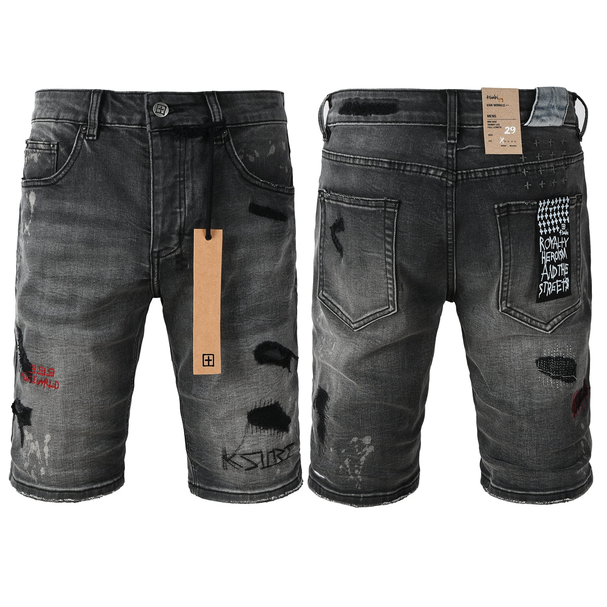 Shorts vaqueros desgastados negros lavados para hombre con parches de grafiti y detalles de estilo urbano (2009) 