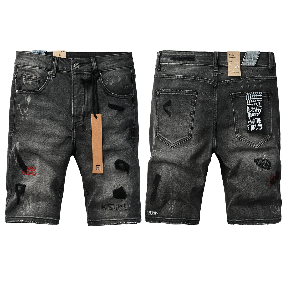 Shorts vaqueros desgastados negros lavados para hombre con parches de grafiti y detalles de estilo urbano (2009) 