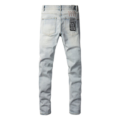 Jean bleu classique déchiré avec genoux usés 3008