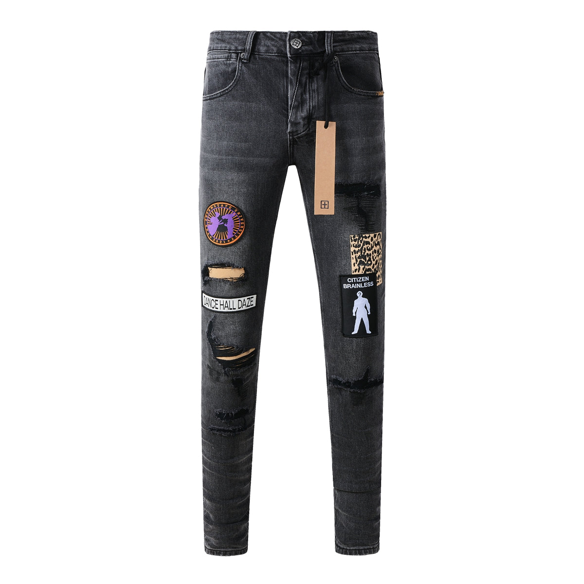 Jean noir vieilli avec détails de patchs carrés audacieux 3021 