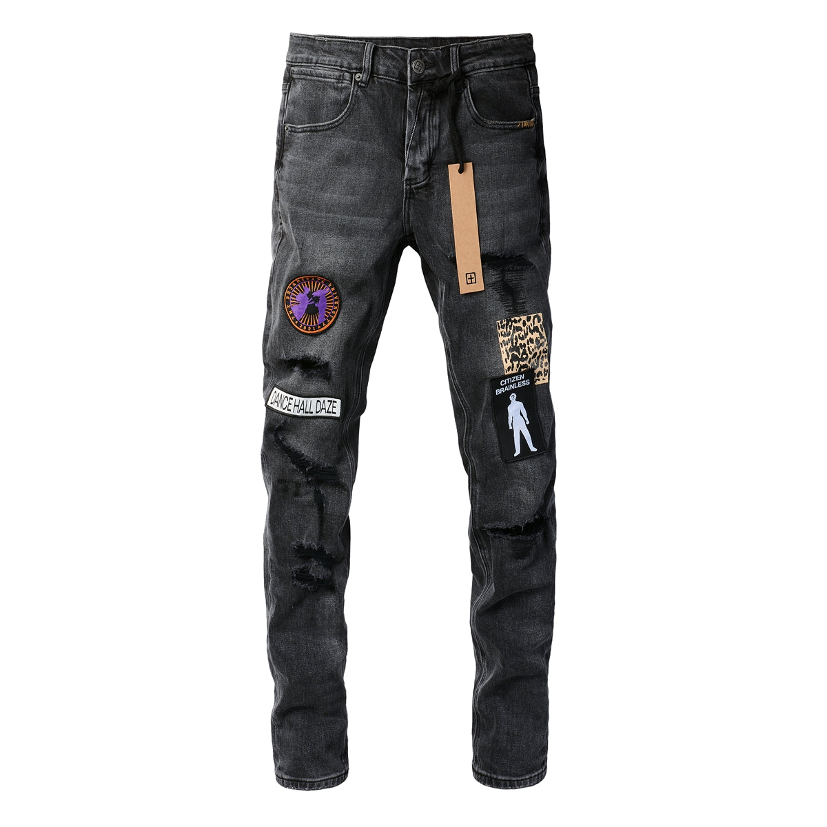Jean noir vieilli avec détails de patchs carrés audacieux 3021 