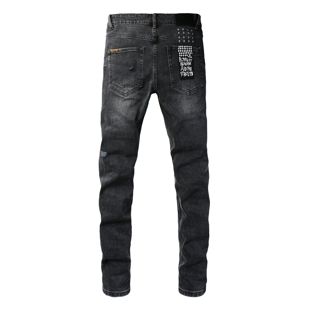 Jean noir vieilli avec détails de patchs carrés audacieux 3021 