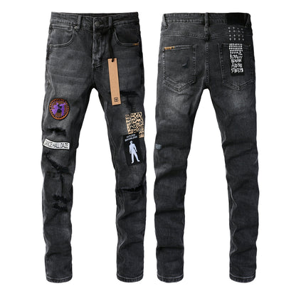 Jean noir vieilli avec détails de patchs carrés audacieux 3021 