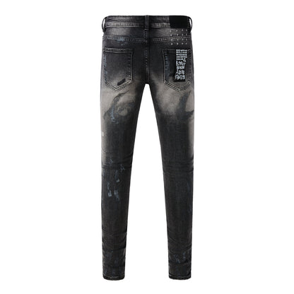 Street Style Black Ripped Jeans with Frayed Knee Accents 3027