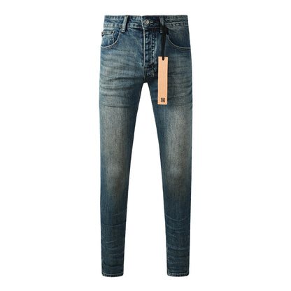 Jean streetwear vintage bleu délavé pour homme, look épuré et patch graphique sur la poche arrière 3033 