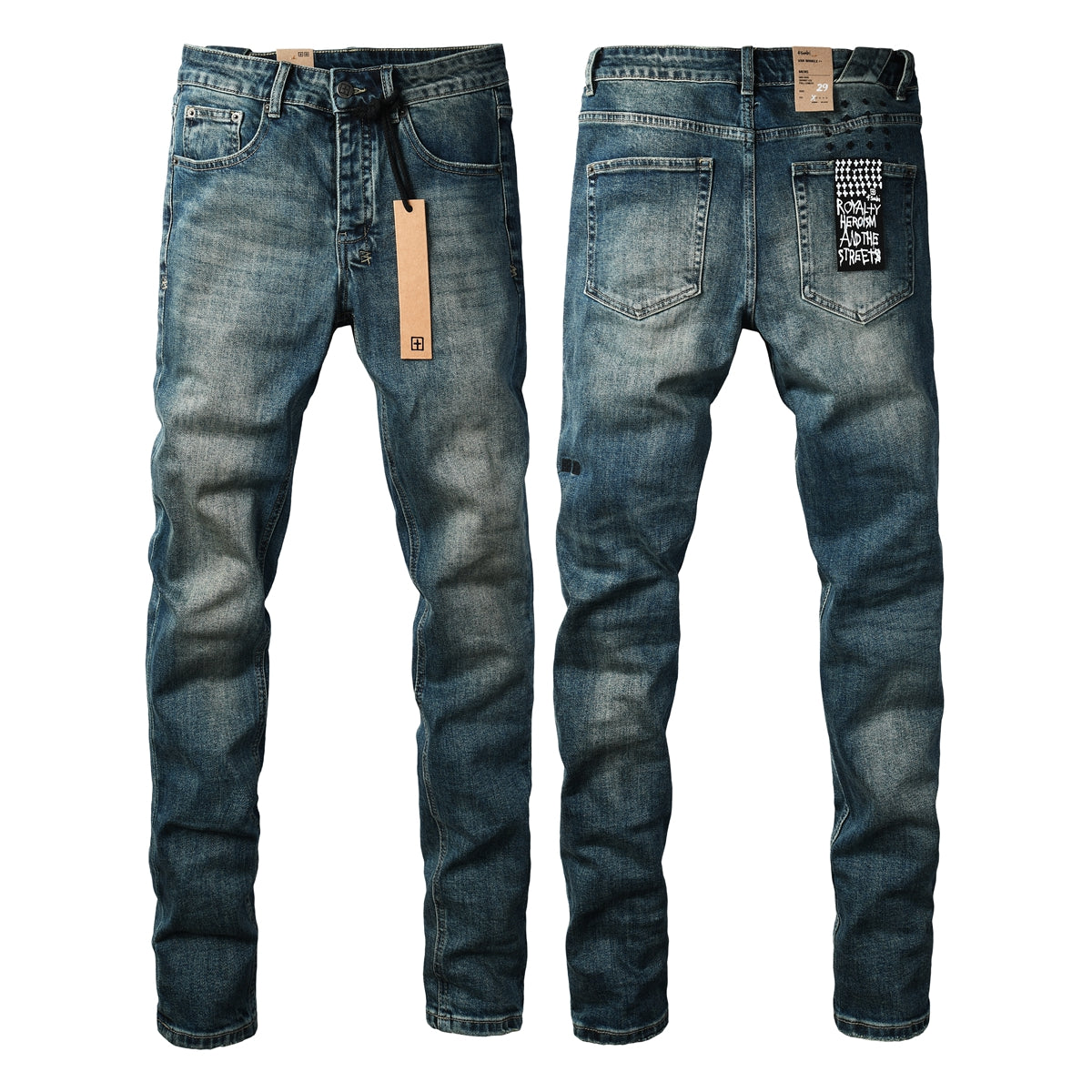 Jean streetwear vintage bleu délavé pour homme, look épuré et patch graphique sur la poche arrière 3033 