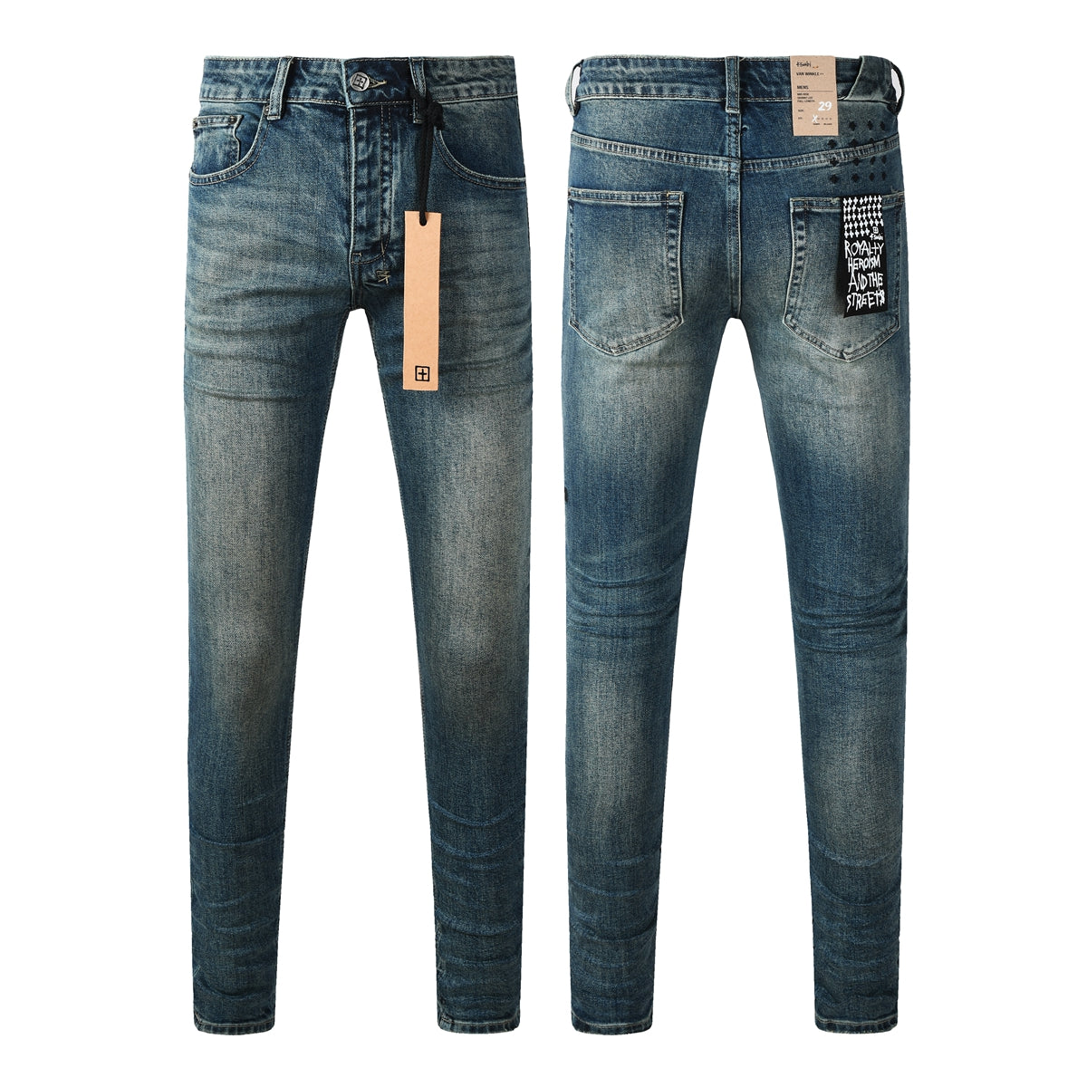 Jean streetwear vintage bleu délavé pour homme, look épuré et patch graphique sur la poche arrière 3033 