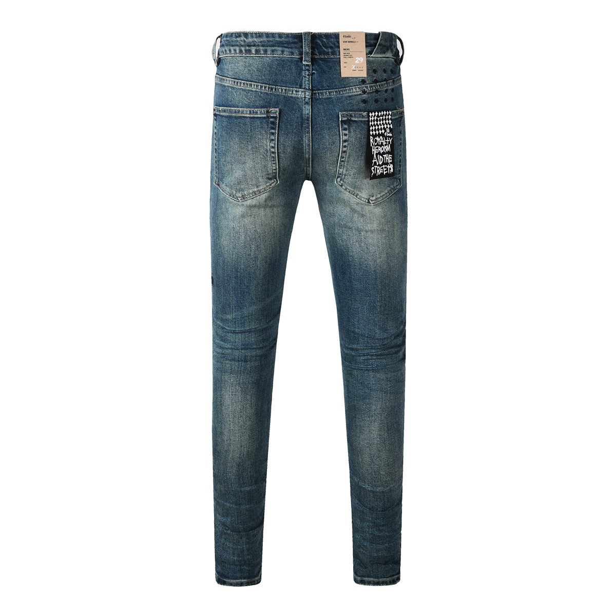 Jean streetwear vintage bleu délavé pour homme, look épuré et patch graphique sur la poche arrière 3033 