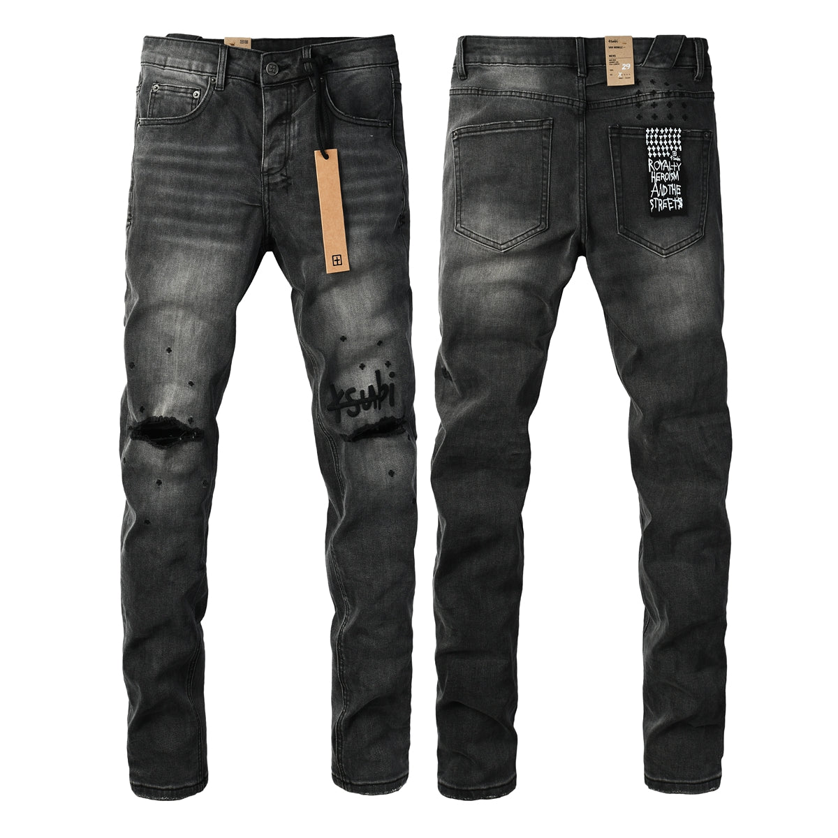 Vaqueros de calle para hombre, lavados en negro con rodillas rotas, salpicaduras de pintura y parche gráfico 3034 