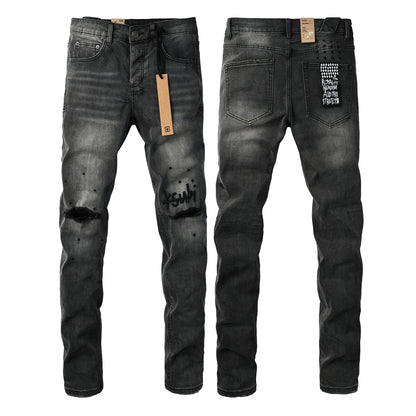 Vaqueros de calle para hombre, lavados en negro con rodillas rotas, salpicaduras de pintura y parche gráfico 3034 