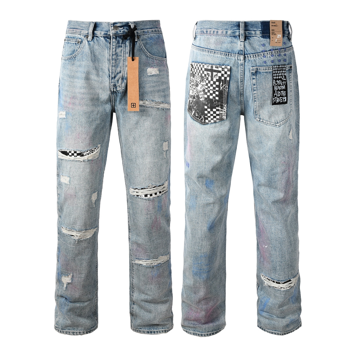 Vaqueros de calle para hombre, lavados en azul claro con grafiti, cuadros, patchwork y detalles desgastados 3038 