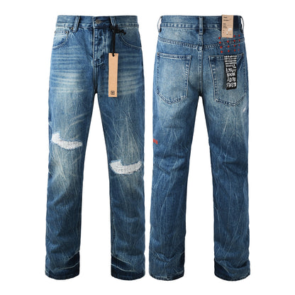 Vaqueros de calle para hombre, lavados en azul vintage con detalles de reparación en las rodillas y parche gráfico en el bolsillo trasero 3039 