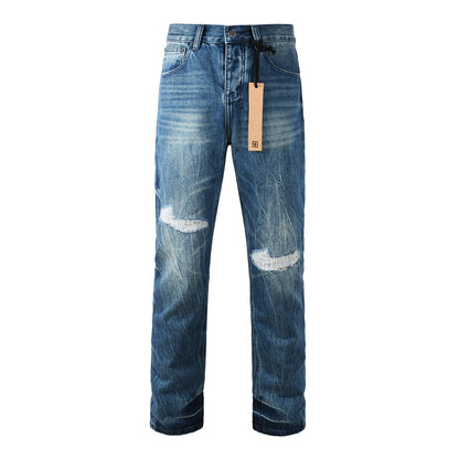 Vaqueros de calle para hombre, lavados en azul vintage con detalles de reparación en las rodillas y parche gráfico en el bolsillo trasero 3039 