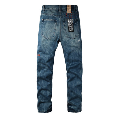 Vaqueros de calle para hombre, lavados en azul vintage con detalles de reparación en las rodillas y parche gráfico en el bolsillo trasero 3039 
