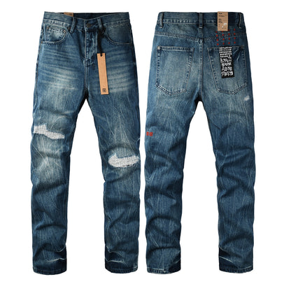 Vaqueros de calle para hombre, lavados en azul vintage con detalles de reparación en las rodillas y parche gráfico en el bolsillo trasero 3039 