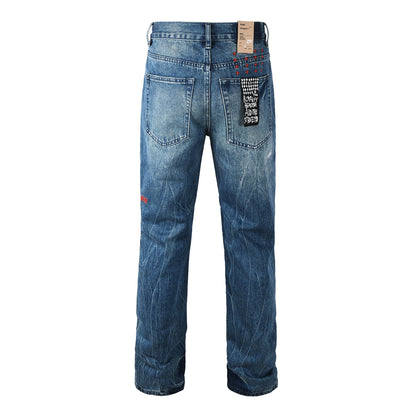 Vaqueros de calle para hombre, lavados en azul vintage con detalles de reparación en las rodillas y parche gráfico en el bolsillo trasero 3039 