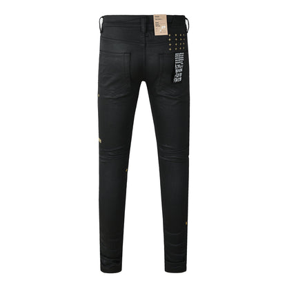 Vaqueros negros rotos de hombre con estampado gráfico en la espalda y efecto desvanecido natural para looks cotidianos 3045 