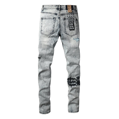 Jean skinny délavé clair pour homme, avec détails usés et imprimé patch au dos 3046 