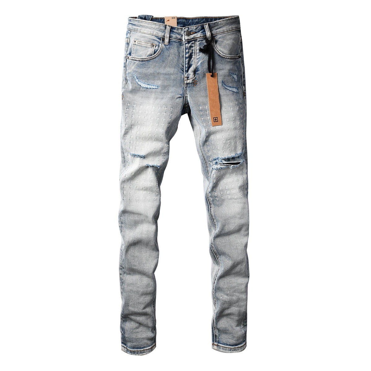 Vaqueros desgastados de corte ajustado azul claro para hombre con costuras decorativas, patchwork gráfico y estilo urbano 3047 