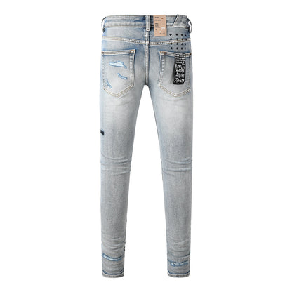 Vaqueros desgastados de corte ajustado azul claro para hombre con costuras decorativas, patchwork gráfico y estilo urbano 3047 