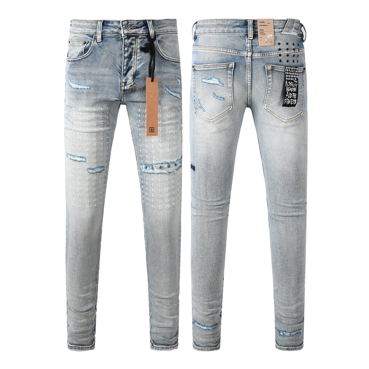 Vaqueros desgastados de corte ajustado azul claro para hombre con costuras decorativas, patchwork gráfico y estilo urbano 3047 