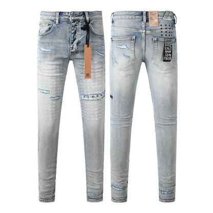 Vaqueros desgastados de corte ajustado azul claro para hombre con costuras decorativas, patchwork gráfico y estilo urbano 3047 