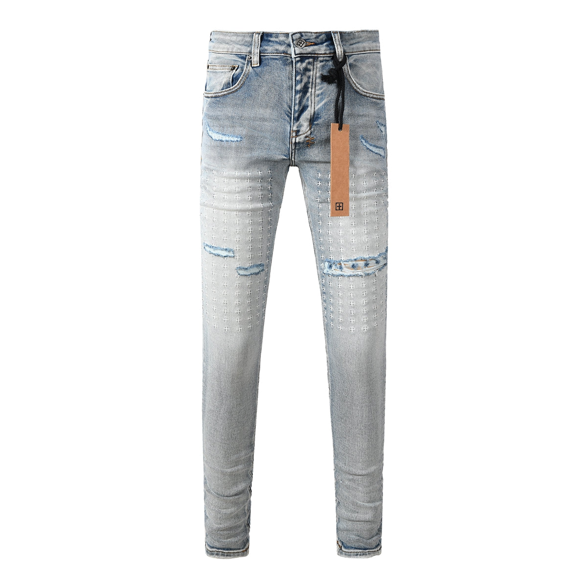 Vaqueros desgastados de corte ajustado azul claro para hombre con costuras decorativas, patchwork gráfico y estilo urbano 3047 