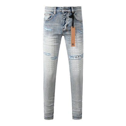 Vaqueros desgastados de corte ajustado azul claro para hombre con costuras decorativas, patchwork gráfico y estilo urbano 3047 