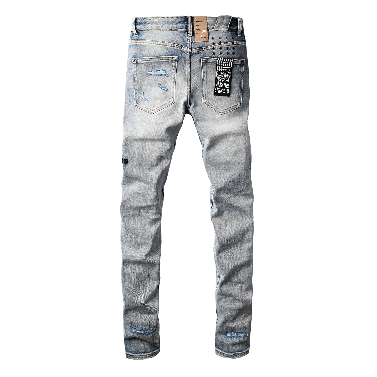 Vaqueros desgastados de corte ajustado azul claro para hombre con costuras decorativas, patchwork gráfico y estilo urbano 3047 