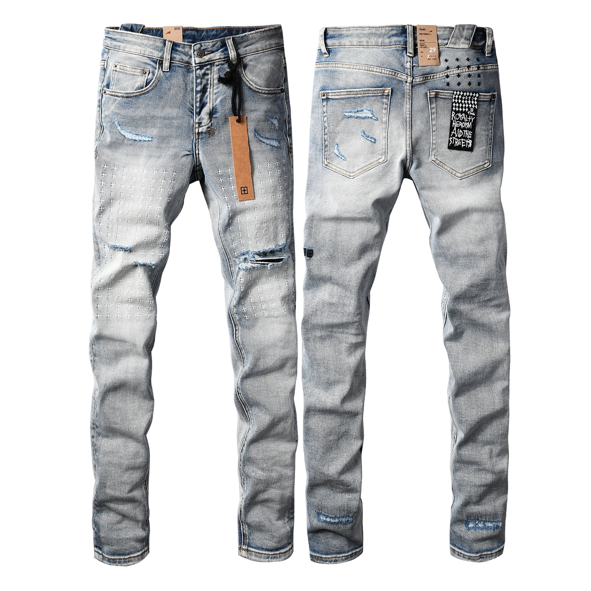 Vaqueros desgastados de corte ajustado azul claro para hombre con costuras decorativas, patchwork gráfico y estilo urbano 3047 