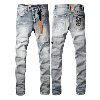 Vaqueros desgastados de corte ajustado azul claro para hombre con costuras decorativas, patchwork gráfico y estilo urbano 3047 