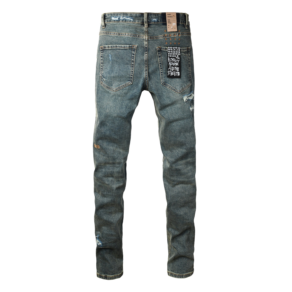 Jean skinny bleu foncé pour homme, très déchiré, avec effet usé et patch graphique au dos, pour un style urbain 3049 