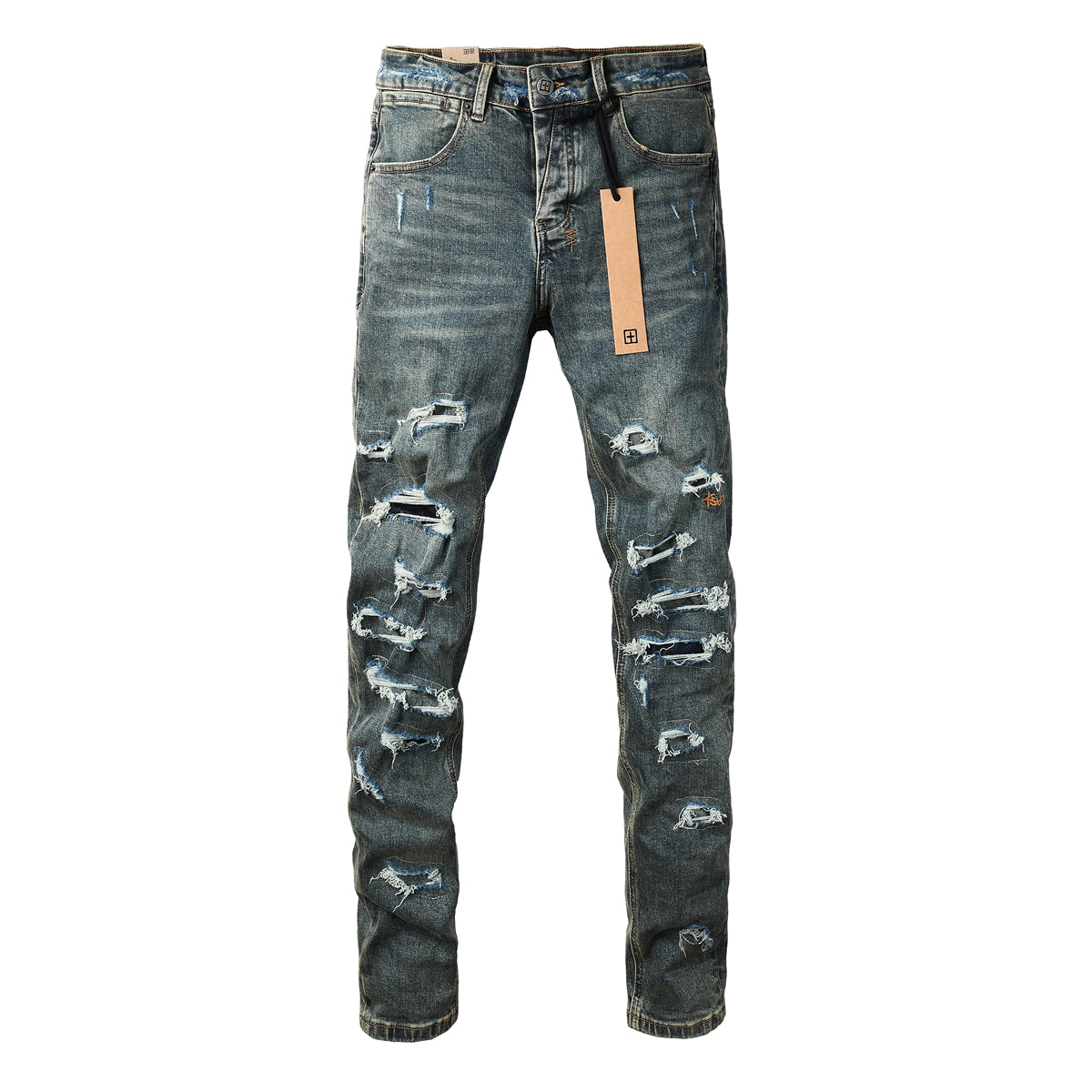 Jean skinny bleu foncé pour homme, très déchiré, avec effet usé et patch graphique au dos, pour un style urbain 3049 
