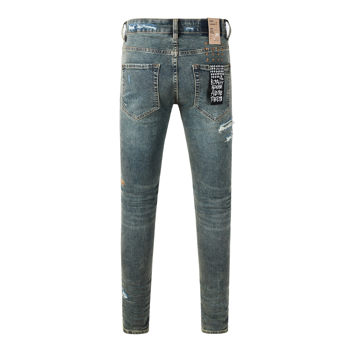 Jean skinny bleu foncé pour homme, très déchiré, avec effet usé et patch graphique au dos, pour un style urbain 3049 