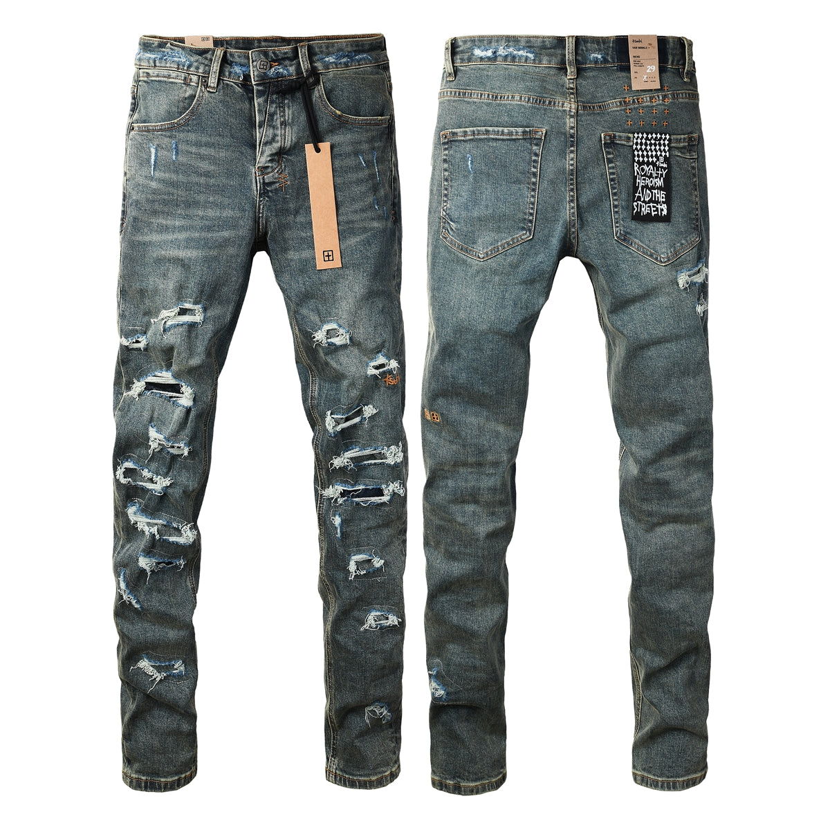 Jean skinny bleu foncé pour homme, très déchiré, avec effet usé et patch graphique au dos, pour un style urbain 3049 
