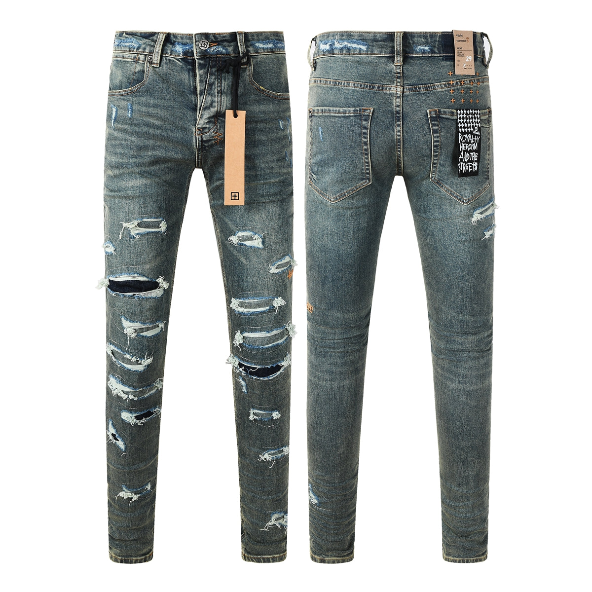 Jean skinny bleu foncé pour homme, très déchiré, avec effet usé et patch graphique au dos, pour un style urbain 3049 